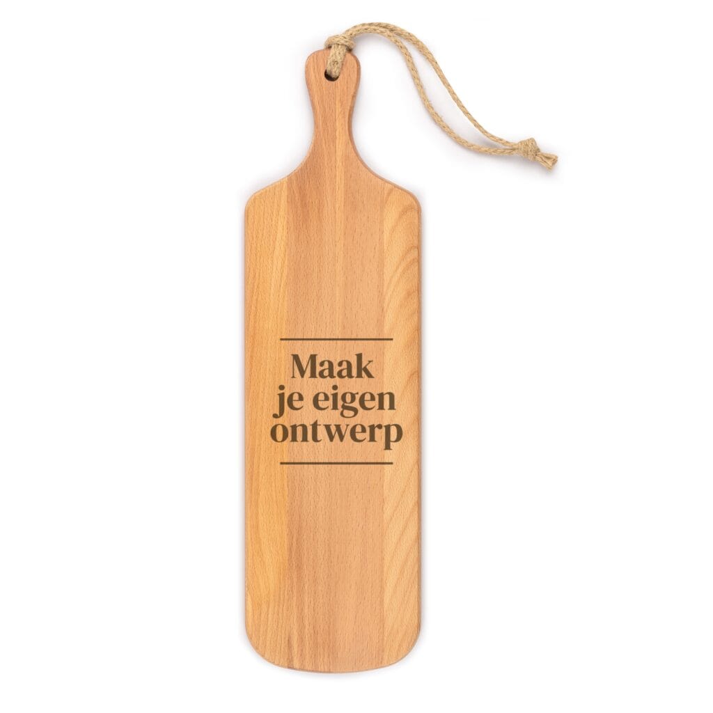 Lange smalle tapasplank van beukenhout met jute koord en eigen gravure