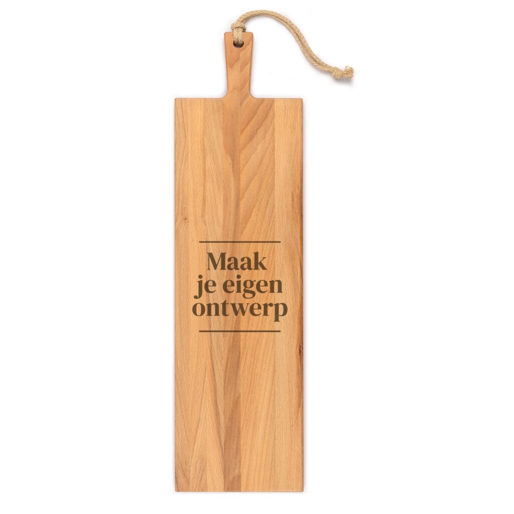 XL borrelplank van 69 cm van beukenhout met jute koord, gegraveerd met eigen ontwerp