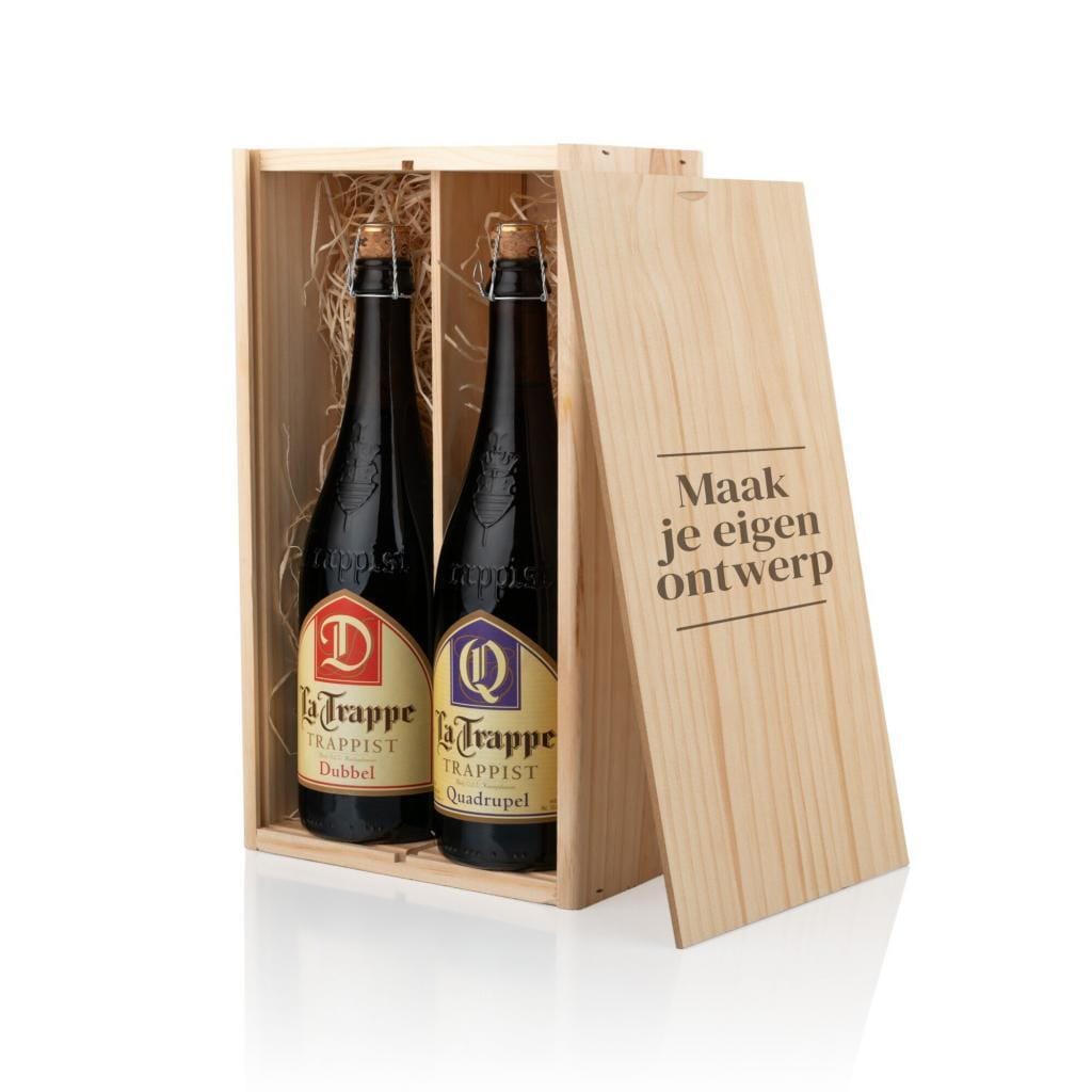 Houten bierkist voor twee flessen La Trappe met gegraveerd deksel