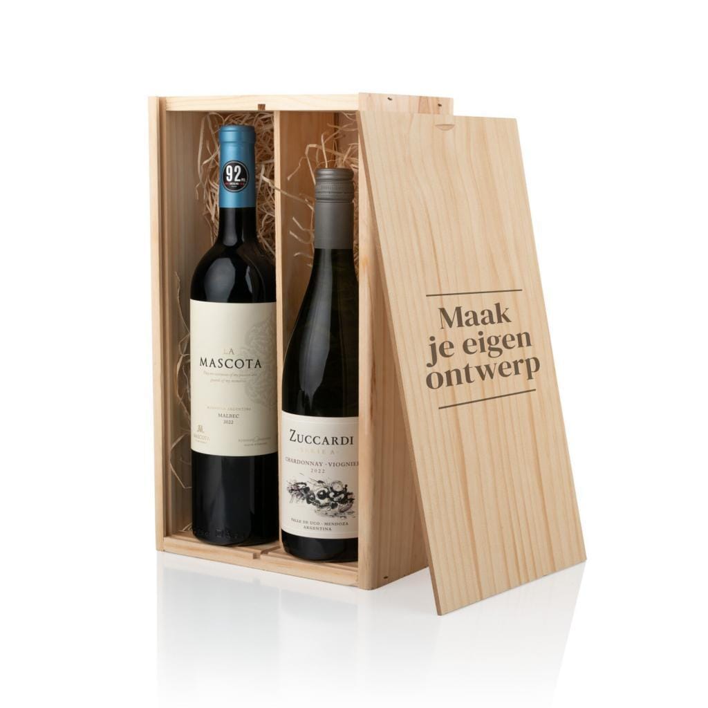 Houten wijnkist voor twee flessen met La Mascota en Zuccardi, deksel met eigen gravure