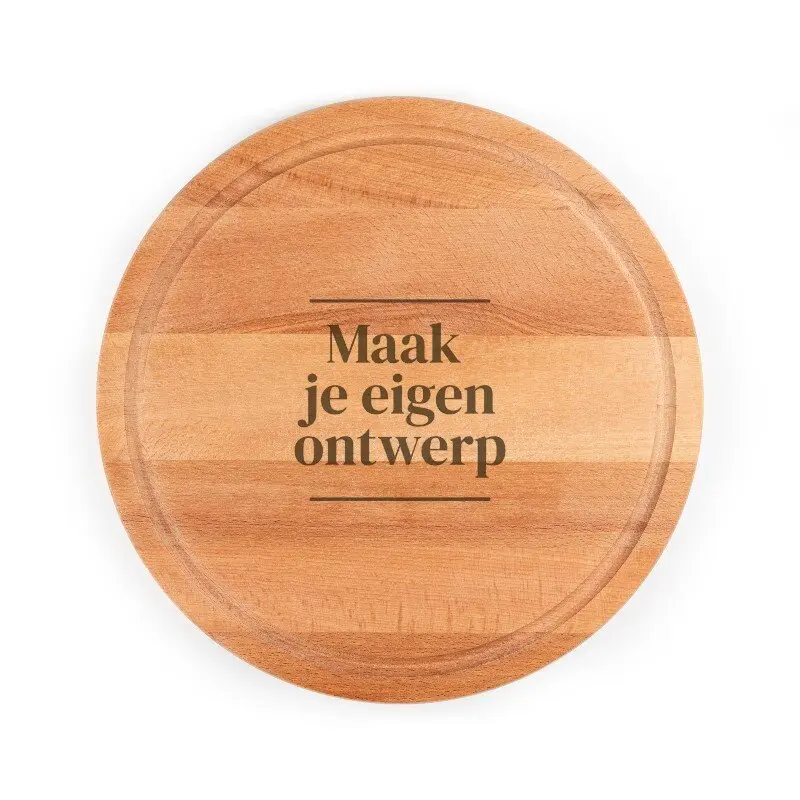 ronde beukenhouten snijplank met sapgeul met logo of eigen ontwerp gegraveerd