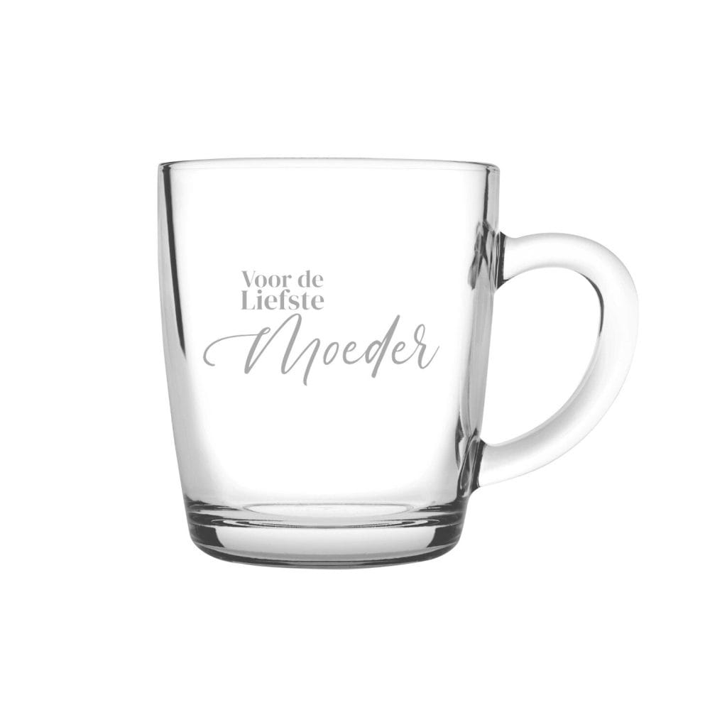 Theeglas met oor, gegraveerd met Voor de liefste moeder